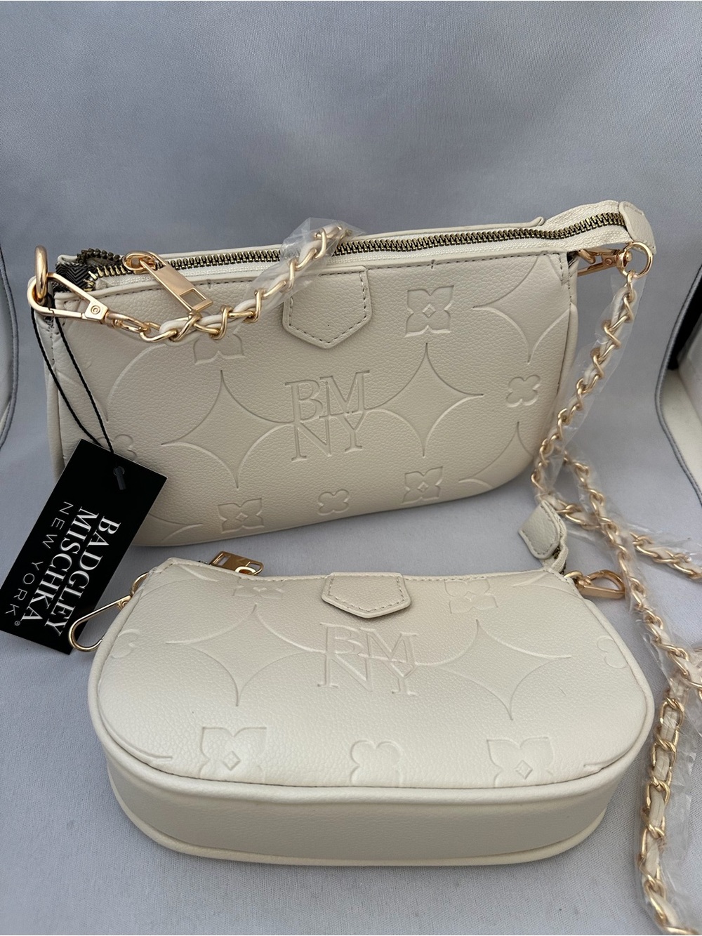 Badgley Mischka Cream Embossed Crossbody Trio with Gold Chain